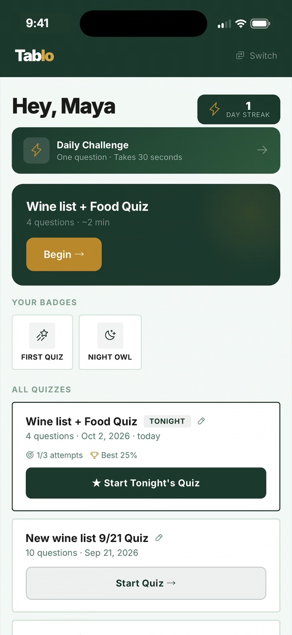 Tablo staff home screen: tonight's quiz, a 1-day streak and earned badges