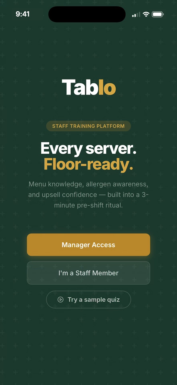 Tablo welcome screen with Manager Access and I'm a Staff Member